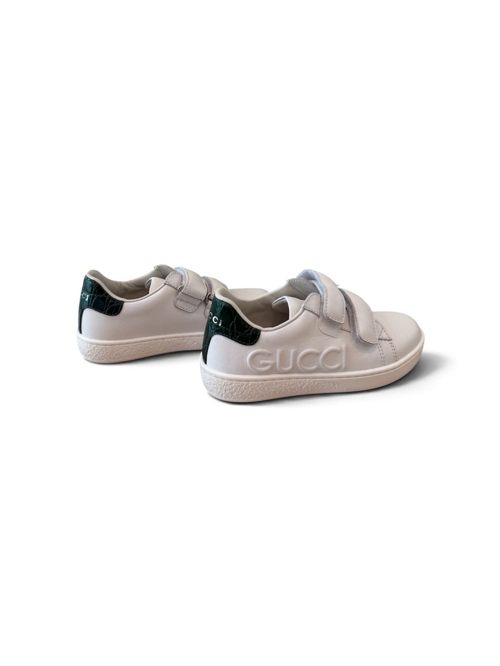 Gucci Kids White Leather Sneakers with Dark Green Heel Tab